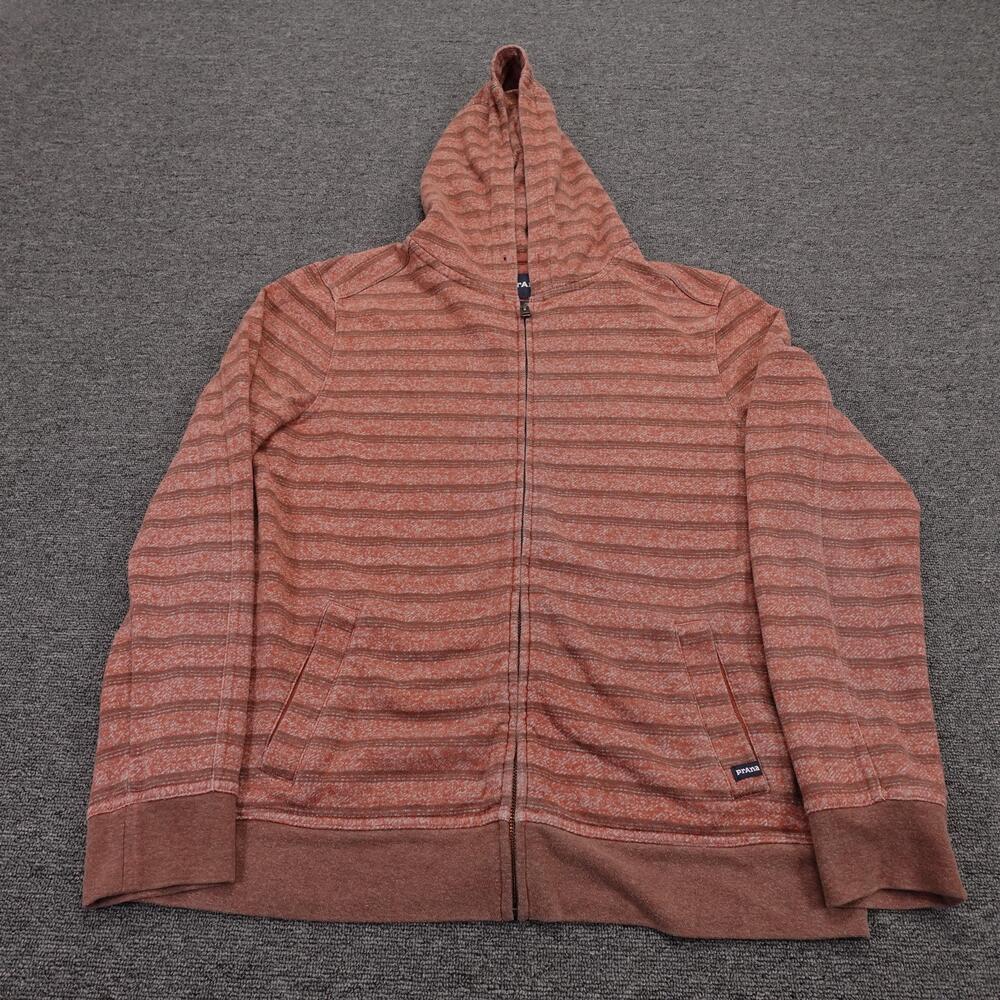 PrAna Hoodie Womens Medium Red Striped Full Zip Knit Pockets Casual Hemp Blend